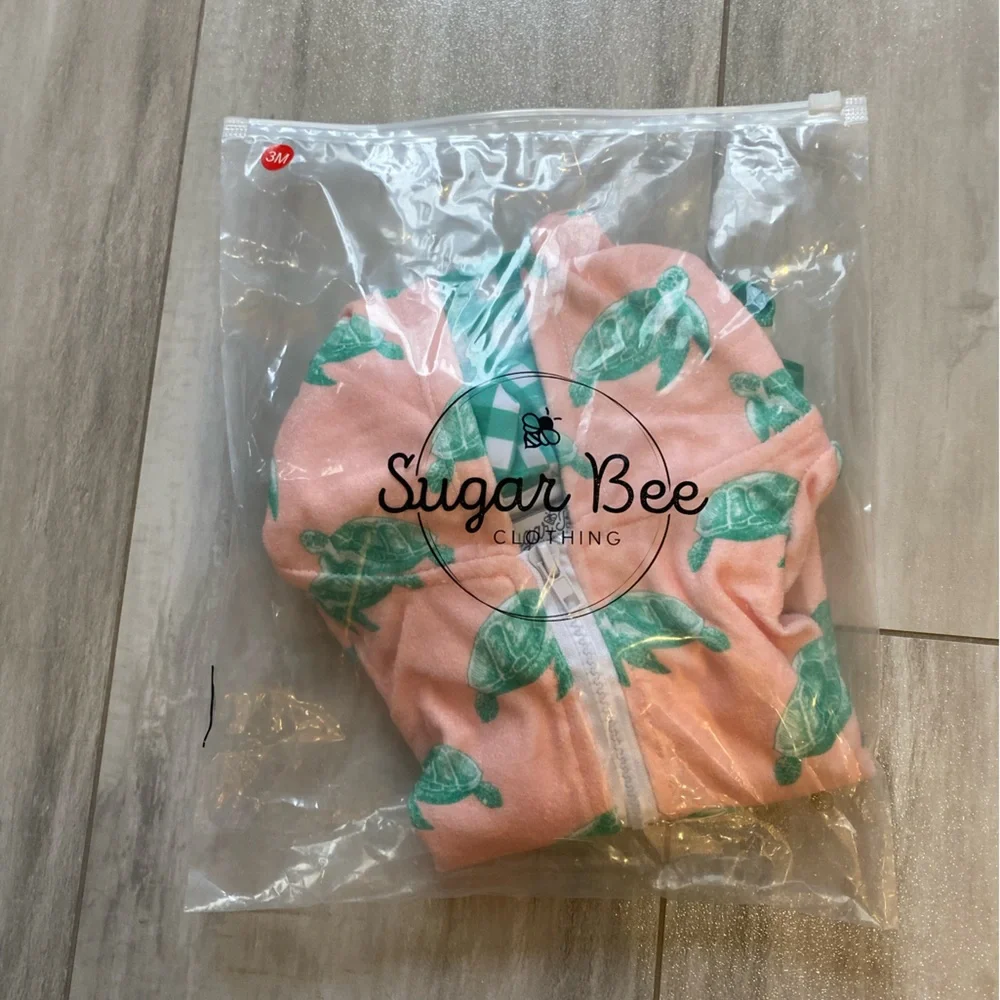 NWOT Sugar Bee Terry Cloth Sea Turtle Ruffled Zip-Up Hooded Swimsuit Cover-up 3M